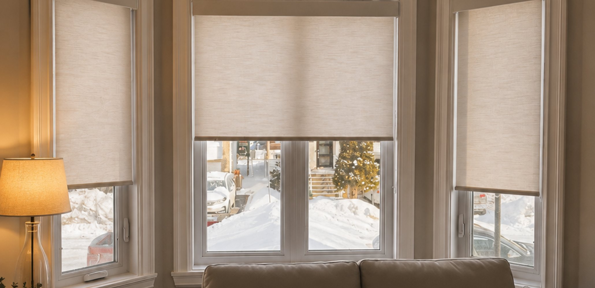 Roller blinds in a Montreal bay window in winter